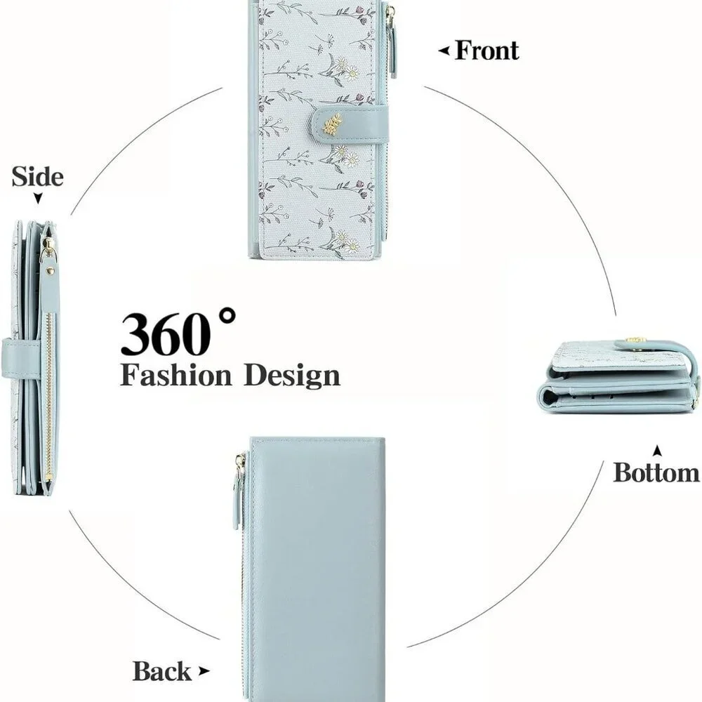 Women's Faux Leather RFID Wallet Trifold Large Capacity Organizer Floral